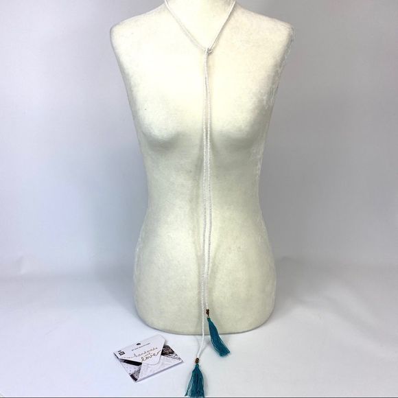 White seed bead with aqua tassel wrap necklace - Picture 10 of 15